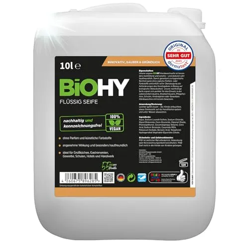 BiOHY Flüssig Seife (10 Liter Kanister) | Hautschonende, rückfettende & flüssige Handseife | PHOSPHATFREI | geruchsneutrale Hygiene | auch für das Gesicht geeignet | ohne Parfüm & Farbstoffe