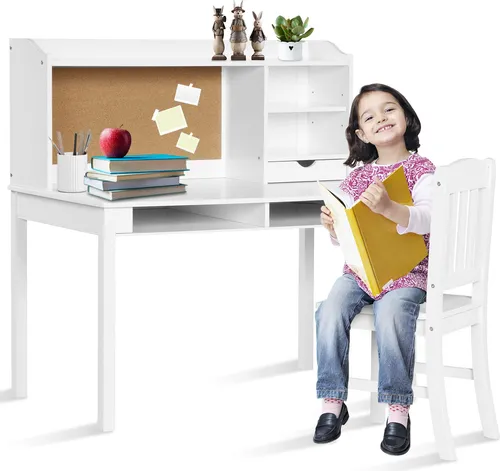COSTWAY Kinderschreibtisch Set mit Stuhl und Pinnwand, Weiß - Geräumiger Schreibtisch mit verstellbarem Regal, stabiler Konstruktion und praktischem Stauraum für Bücher und Materialien. Ideal für Lernen und kreative Aktivitäten, passend für Kinder von 5-12 Jahren.