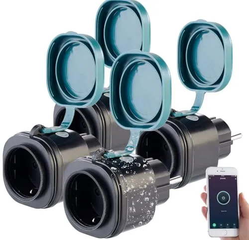 Luminea Home Control Zeitschaltuhr WLAN außen: 4er-Set Outdoor-WLAN-Steckdosen mit Energiekostenmesser, App (WLAN Steckdosen mit Fernbedienung, Steckdosen mit WLAN-Steuerung, Weihnachtsbeleuchtung)