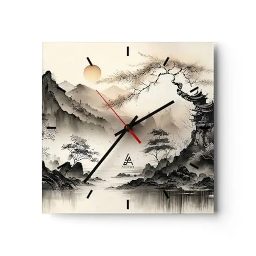 Modern Wanduhr Asien Japan Sicht 40x40cm Quadrat Groß Wand Uhr Glas Analog Zimmeruhren Küche Büro Wohnzimmer Glasuhr Wall Clock Dekoration Design Wanddekoration Küchenuhr C3AC40x40-5777