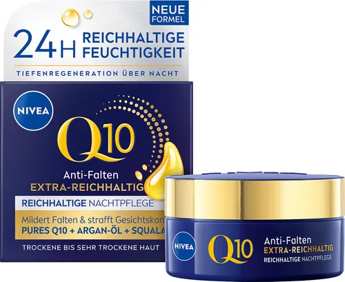 NIVEA Q10 Nachtcreme - Reichhaltige Gesichtspflege mit Q10 und Bio Argan-Öl - Nachtpflege für trockene Haut – Mit Q10 und Bio Argan-Öl sorgt die NIVEA Nachtcreme für ein glatteres Hautbild und mildert Falten sichtbar nach 4 Wochen.