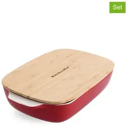 KitchenAid 2tlg. Set: Auflaufform in Rot - 900 ml - Auflaufformen Set aus Steingut mit praktischem Bambusdeckel, ideal für schmackhafte Gerichte und stilvolle Präsentation, handreinigung empfohlen.