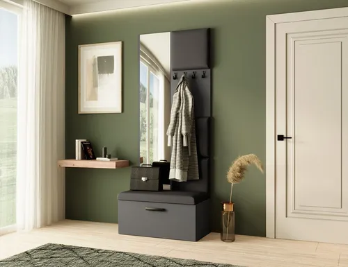 Garderobe MARGARET III - Graphit & Schwarz mit Spiegel und Sitzkissen - Garderobenschrank mit gepolsterten Paneelen, Spiegel und praktischem Schuhschrank für Ordnung und Stil im Flur. Ideal für kleine Räume, kombiniert Komfort und modernes Design.