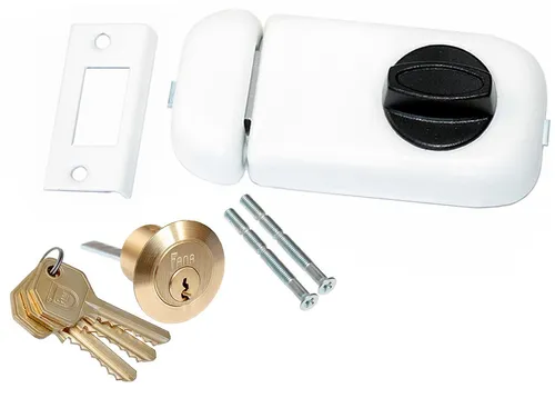 Kastenschloss Türzusatzschloss Fana 60 + Außenzylinder Drehknauf Weiss