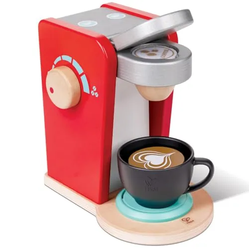 Hape: Cafe Kaffeemaschine – Rot – Küchengerät aus Holz, realistische Soundeffekte & Funktionen, Kaffeebohnendruck, Barista Pretend Play, Kinder ab 3 Jahren