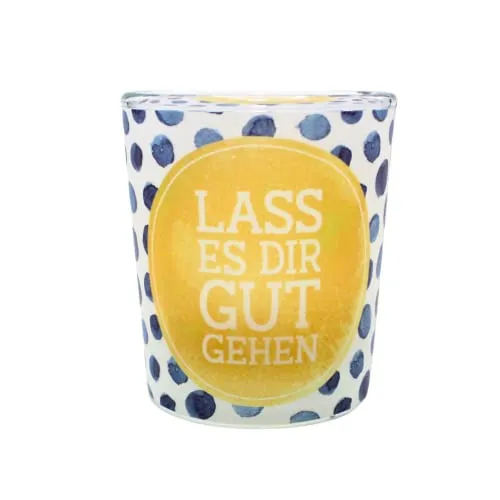 ***Windlichtglas mit Motiv auf Einer transparenten Banderole, inkl. 1 Teelicht, H/Ø: 6,5 x 6 cm, Motiv: Lass es Dir gut gehen.