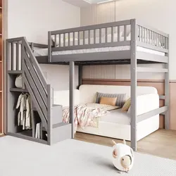 Massivholzbett 140*200, Treppe mit Stauschrank, hohes Geländer, Kinderbett, Jugendbett, Massivholzbettgestell, Grau