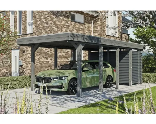 Skan Holz Carport Friesland Hybrid 314 cm x 708 cm - Schiefergrau - Carport mit Abstellraum, aus imprägniertem Nadelholz und modernen Aluminium-Trapezprofilen, bietet Schutz vor Witterungseinflüssen und eine ansprechende Optik.
