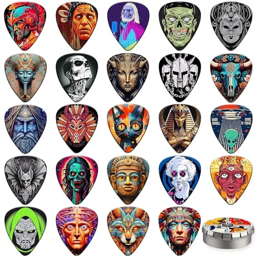 Plektren Gitarre 24 Stück 0.46/0.71/0.96/1.20mm Gitarren Plektrum 4 Verschiedene Stärke Guitar Picks,Plektrum Personalisiert für Akustikgitarre, E-Guitar, Bass,Ukulele(Mix-7)