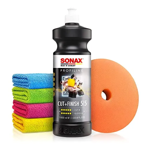 Autopolitur Set: Sonax Profiline Cut+Finish One-Step Politur (1L) - Innovative Politur zur schnellen Beseitigung von Fehlstellen - Auto polieren, Schleifpolitur, Glanzpolitur | 6-teilig