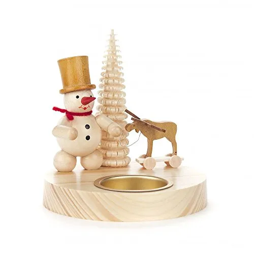 Teelichthalter Schneemann mit Elch - Kerzenhalter aus Erzgebirgischer Holzkunst, zaubert winterliche Gemütlichkeit in Ihr Zuhause und ist ein ideales Geschenk für die Weihnachtszeit.