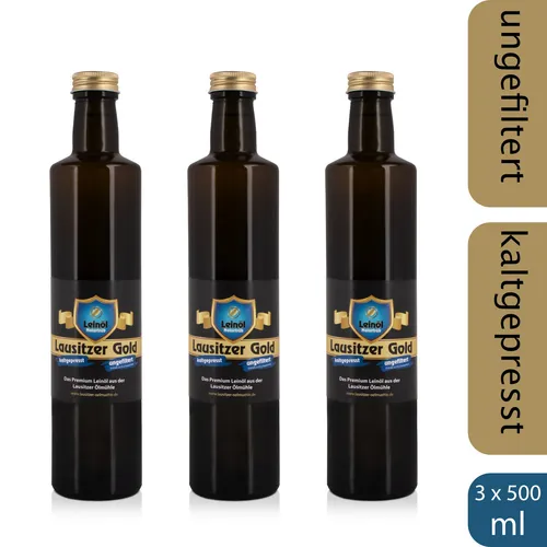 Premium Leinöl - Lausitzer Gold, 3 x 500ml - Kaltgepresstes, ungefiltertes Leinöl in Premium-Qualität, reich an Omega-3-Fettsäuren und ideal für gesunde Ernährung.