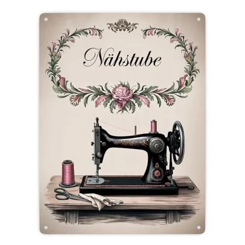 Vintage Nähmaschine Nähstube Souvenir Metallschild XXL in 28x38 cm für kreative Nähliebhaber - lustiges Deko-Schild