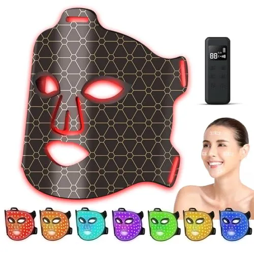 LED Lichttherapie Gesichts, 7 Farben Rotlichttherapie Gesicht mit Nahinfrarotlicht, Flexibles Silikon LED Gesichtsmaske Lichttherapie, Gesichtspflegegerät für alle Hauttypen, zu Hause (Schwarz)