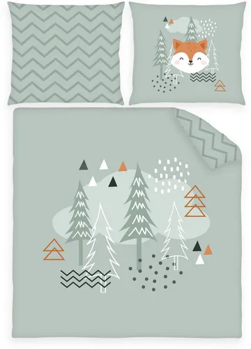 Herding Wendebettwäsche Nordic Forest mint 80x80 cm - Bettwäschegarnitur für Baby und Kleinkind, bestehend aus Decken- und Kissenbezug. Wendedesign mit süßen Waldmotiven, pflegeleicht und für Trockner geeignet, ideal für ein gemütliches Kinderzimmer.
