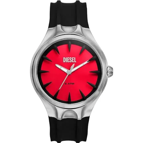 Diesel Herren Analog Quarz Uhr DZ2202 - Armbanduhren für Herren, stylisches Design mit rotem Zifferblatt und robustem Silikonarmband, wasserdicht bis 50m – ideal für sportliche Aktivitäten.