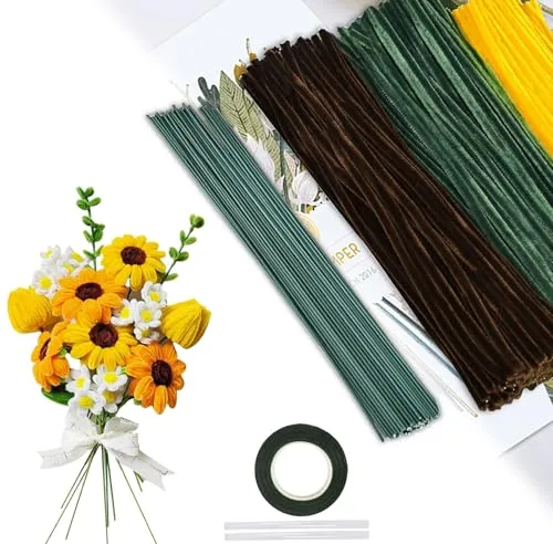 Pmueuff Pfeifenputzer zum Basteln Set, 300 Stück Pfeifenreiniger zum Bastaln Sonnenblumen, Pfeifenputzer zum Basteln Blumen mit Band und Blumenstäbe, Pipe Cleaner Flower Set (Grün&Braun&Gelb)