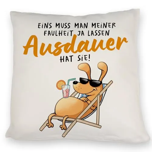 Fauler Hund Kissen mit Spruch Meine Faulheit hat Ausdauer EIN bequemes DekoKissen für die Couch lustiges Motiv Comic Cocktail Männer Geburtstag Cartoon Sonne