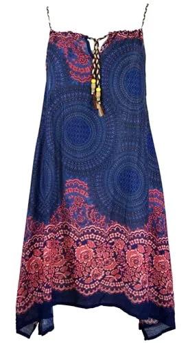 Boho Mandala Midikleid - Trägerkleid für starke Frauen in Blau/Fuchsia - Kleider für starke Frauen, aus 100% Viskose, fair gehandelt in Thailand, ideal für Frühling und Sommer, mit U-Ausschnitt und lockerer Passform.