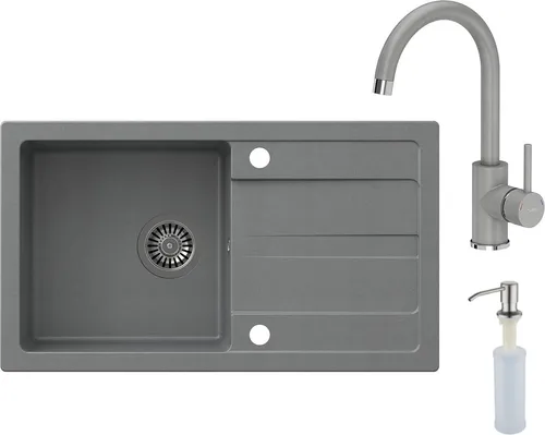 VBChome Spülbecken mit Armatur 77 x 44 cm Grau Einzelbecken Einbauspüle Abtroffläche Gesprenkelt Reversibel Granitspüle Siphon Spülmittelspender Armatur