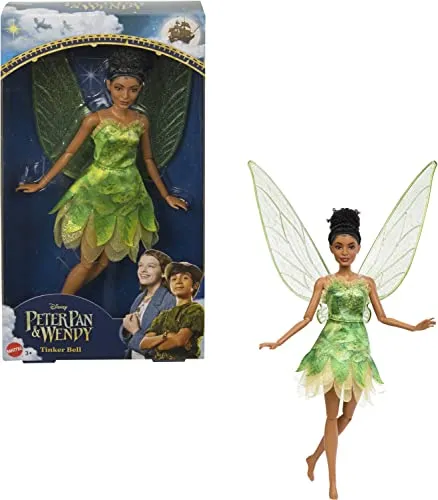 DISNEY Tinker Bell Feenpuppe - Bewegliche Flügel und grünes Kleid - Puppen für Kinder, inspiriert von Disney's Peter Pan & Wendy. Mit beweglichen Glitzerflügeln und kämmbarem Haar für kreativen Spielspaß!