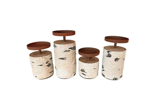 Online-Fuchs Kerzenhalter 4er Set Kerzenständer in Birkenoptik aus Polyresin & Metall (10,5 bis 17,5 cm groß, Rostoptik), Ganzjährig nutzbar, auch als Adventskranz oder Adventsgesteck