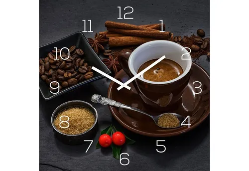 Levandeo® Wanduhr Alu-Dibond 30x30cm - Kaffee Design - Wanduhren aus Alu-Dibond, 30x30cm, mit Kaffee-Motiv, UV-beständig und ideal für Küche oder Esszimmer, inklusive montiertem Quarzuhrwerk.