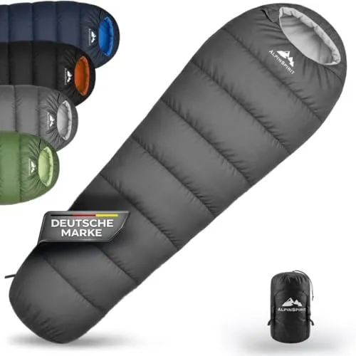 AlpinSpirit Ultraleichter Schlafsack 3 Jahreszeiten, 210x75 cm, kompakt für Outdoor & Camping - Schwarz - 3-JAHRESZEITEN Schlafsack für Temperaturen von 15-20°C, ideal für Sommer, Frühling & Herbst. Extrem leicht mit nur 1300 g und kompaktem Packmaß – perfekt für Trekking und Reisen.
