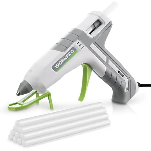 WORKPRO Heißklebepistole, 60/100 W, Grau & Weiß | Mit 10 Heißklebesticks, Zwei Heizmodi, 9-12 g/min, 90s Schnellvorheizung, 3-Punkt-Halterung, für DIY und Reparaturen