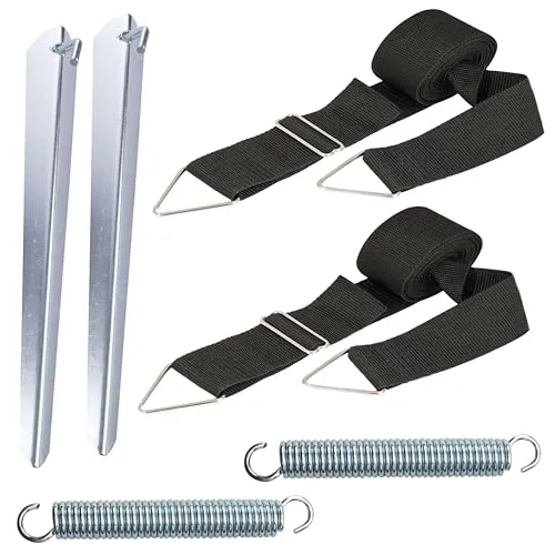 Sturmband Set Spanngurte 2x3,5 m mit Spannfeder - Spanngurte für die sichere Stabilisierung von Vorzelten, ideal für Camping und Outdoor-Aktivitäten. Mit robusten Heringen und Spannfedern für optimale Sturmsicherung.