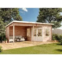 Alpholz Gartenhaus Carl-28, beige 622x332 cm - Gartenhaus aus 28 mm Blockbohlen, mit 2 Ausstellfenstern und leimholz Tür, ideal für Gartenfreunde, die eine natürliche Optik und robustes Holz schätzen.
