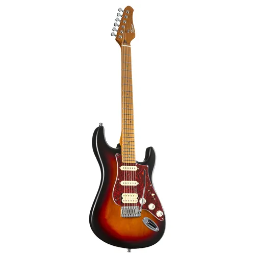 Fame Custom ST HSS E-Gitarre Sunburst - Moderne ST-Style E-Gitarre mit Mahagoni-Korpus und Quarter Sawn Maple Hals. Ideal für Rock- und Metal-Sounds, ausgestattet mit hochwertigen Tonabnehmern und einem Vintage Tremolo für kreative Spieltechniken.