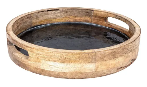 Levandeo® Dekotablett 35cm Rund aus Mango Holz - Dekotablett aus natürlichem Mangoholz mit eleganter perlmutt-grauer Emaille-Beschichtung, ideal für stilvolle Tischdekoration und praktischen Transport dank Griffe.