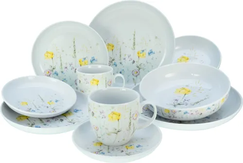 CreaTable 23617 Serie Allround - WIESENBLUMEN 10-teiliges Geschirrset - Kombiservice aus hochwertigem Porzellan, spülmaschinen- und mikrowellengeeignet, mit zartem Blütenmotiv für einen fröhlichen Tisch.