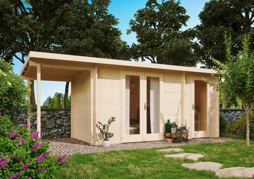 Fjordholz Gartenhaus Modell Carin 44 A +SD - Massives Gartenhaus aus 44mm nordischer Fichte mit stabiler Dachkonstruktion, ideal für Wind- und Schneelasten. Extra hohe Türen für mehr Raumhöhe und individuelle Gestaltungsmöglichkeiten.