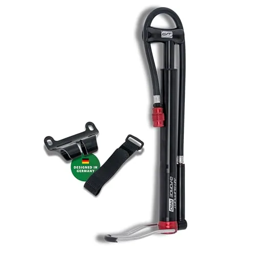 CONTEC Mini-Handkompressor Air Support G-Force - Kompakte Luftpumpe für AV/SV Ventile, CNC-gefräst aus Aluminium, nur 175 g leicht – ideal für unterwegs mit klappbarem Standfuß und Manometer für präzises Aufpumpen.