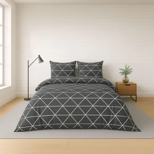 Bettwäsche 200x200 cm. 3-teilig Set 100% Baumwolle Bettbezug Dunkelgrau Weiß mit modernem Dreieck Design