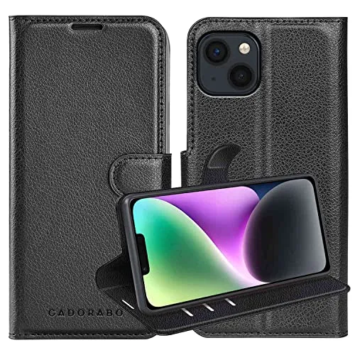Cadorabo Hülle kompatibel mit Apple iPhone 14 Handyhülle aus Premium Kunst Leder Flip Klappbare Stoßfeste Magnetische [Standfunktion] [Kartenfächern] Cover Hülle für iPhone 14 Tasche in Schwarz