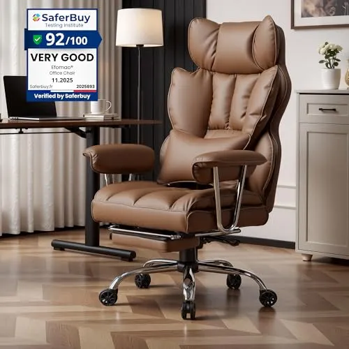 Efomao Bürostuhl, Chefsessel Ergonomischer bis 200kg, PU-Leder Schreibtischstuhl mit Fußstütze und Lendenwirbelstütze, Höhenverstellbar Home Office Stuhl