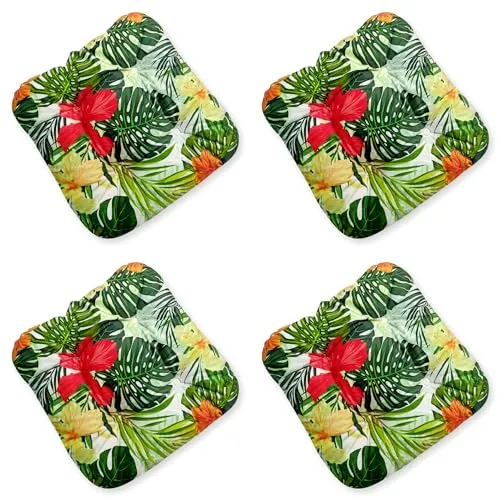 4L Textil 4er Set Stuhlkissen mit Bändern Indoor & Outdoor Sitzkissen 45x45 Gartenstuhlauflagen Sitzauflagen Bodenkissen 40x40 (Blumen Grün, 4er Set | 45x45 cm)