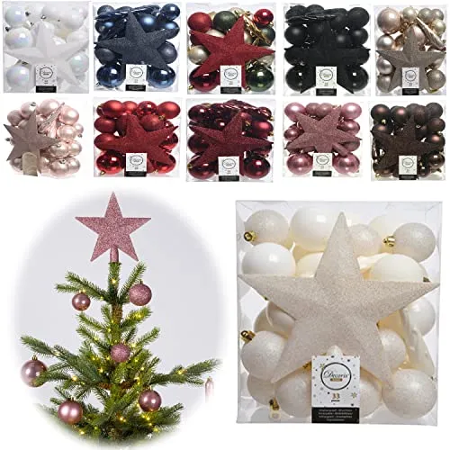 LS-LebenStil 33 Christbaumkugeln Set Woll-Weiß mit Spitze Stern Zapfen Christbaumschmuck Weihnachtsdeko Kunststoff, bruchsicher/bruchfest, ideal auch für den Außenbereich