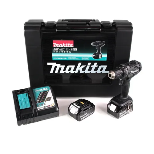 Makita DDF482RFEB Black Edition Akkuschrauber - Akkuschrauber mit 2x 3,0 Ah Akkus, kraftvoll und kompakt für präzise Arbeiten, ideal für Heimwerker und Profis.