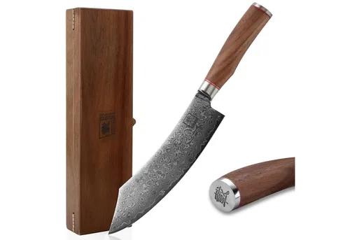 zayiko Kurumi Premium Blockmesser 20 cm - Kochmesser aus 67 Lagen Damaststahl mit Nussbaumgriff, rasiermesserscharf und ideal für präzise Schneidarbeiten in der Küche. Perfekt als Geschenk in eleganter Holzbox.