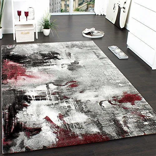 Paco Home Teppich Modern - Designer Teppich in Leinwand Optik - Teppich in Grau, Rot und Creme, schadstoffgeprüft und pflegeleicht, ideal für Fußbodenheizungen bis 24 Grad, Größe: 120x170 cm.