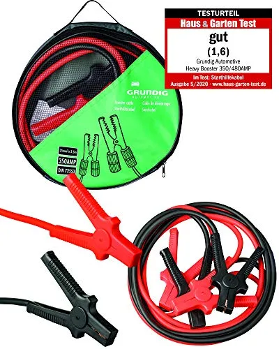 GRUNDIG Automotive Starthilfekabel 3,5m - 350A für 12V/24V - Starthilfekabel für Benzin- und Dieselmotoren, vollisolierte Polklemmen, verwicklungsfrei und inklusive praktischer Aufbewahrungstasche für optimalen Komfort.