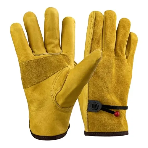 CHALVIOR Gartenhandschuhe aus Leder für Damen und Herren Dornensicher zum, Arbeitshandschuhe aus Rindsleder, Baumwollfutter, Robust und langlebig für Garten und Haushaltsaufgaben, Gelb L