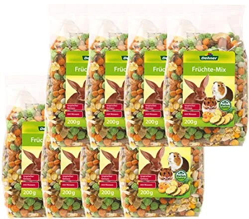 Dehner Nagersnack, Nagerfutter vitaminreich / mineralstoffreich, für Kaninchen / Nagetiere, Früchte-Mix mit Nüssen, 8 x 200 g (1.6 kg)