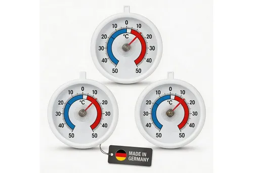 Lantelme Kühlschrankthermometer 3 Stück Set zum Aufhängen großes Display Thermometer Analog, Für Gefrierschrank, Kühltheke, Kühlschrank, Ø 7cm, Temperatur + - 50°C, Deutsche Herstellung