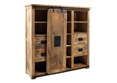 Loft Industrial Style Highboard Schrank aus massivem Mango Holz - Schränke & Wandschränke, in authentischer Altholz-Optik mit Vintage Metallapplikationen und 11 Regalfächern für viel Stauraum.