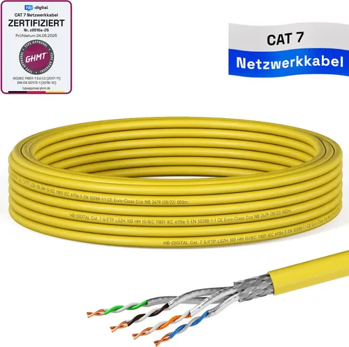 hb-digital CAT 7 Kabel 10m Installationskabel max. 1000 MHz S/FTP AWG23 LSZH gelb
